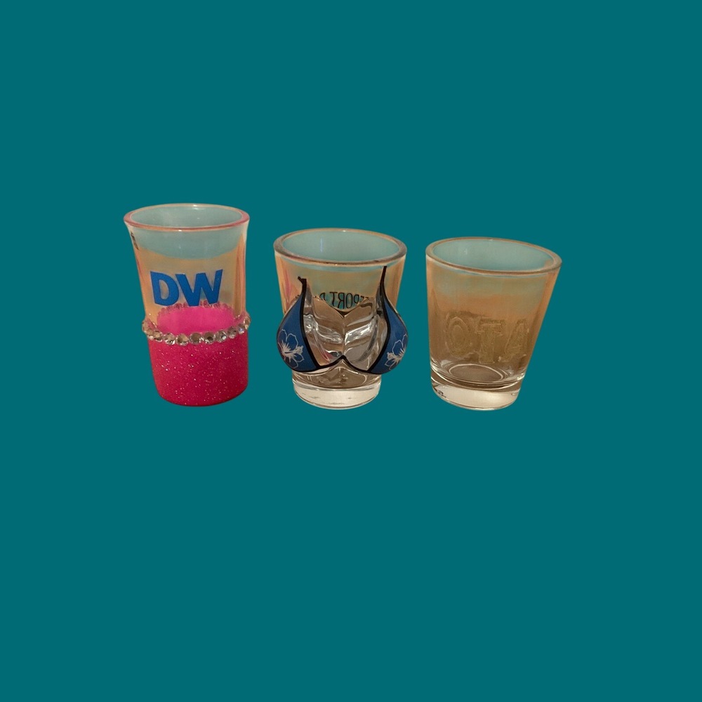 Souvenir Shot Glass Set 3pc Freeport Bahamas Bikini DW Pink Glitter Rhinestone